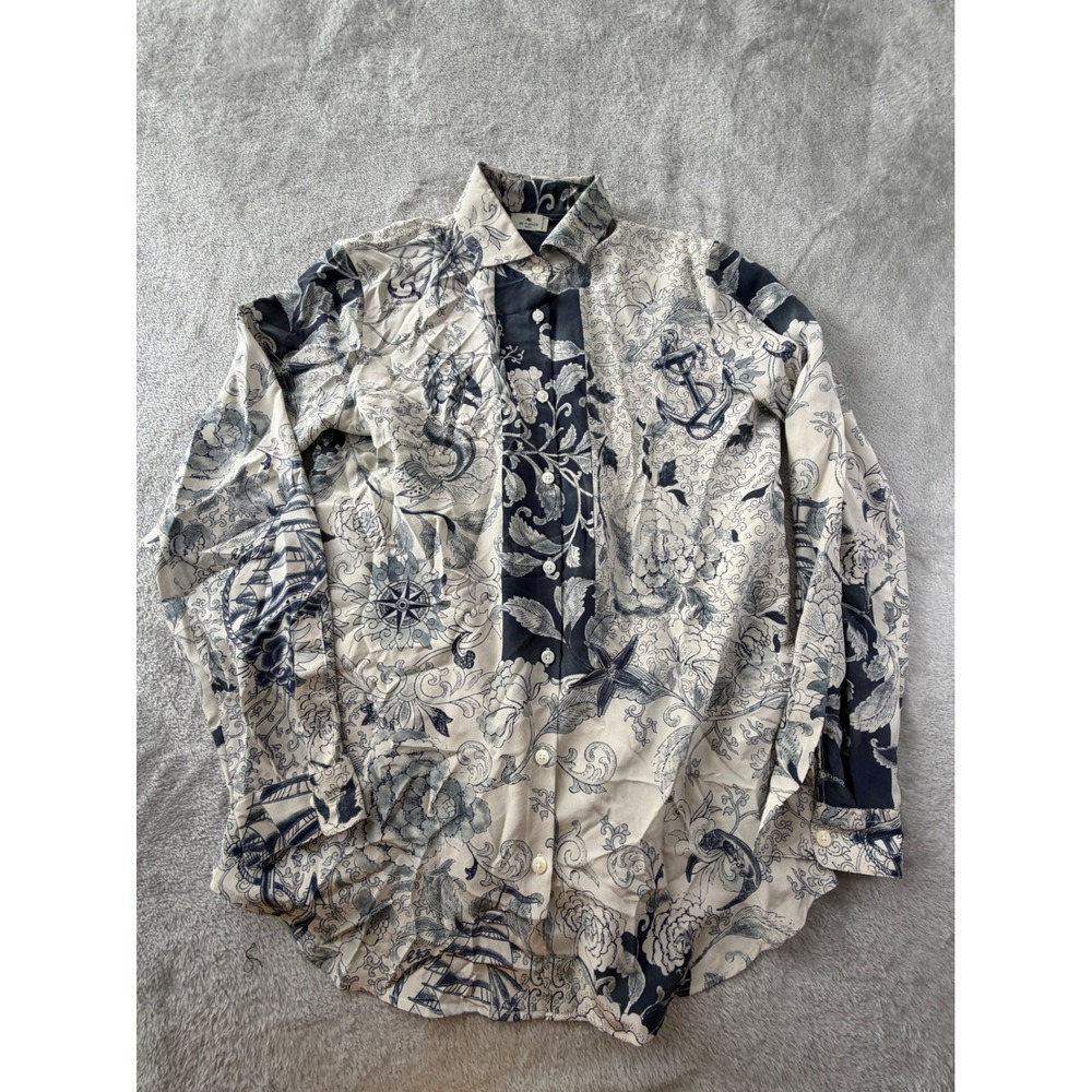ETRO Milano Silk Button Down Blouse Womens Shirt 4 Blue White Toile Nautical